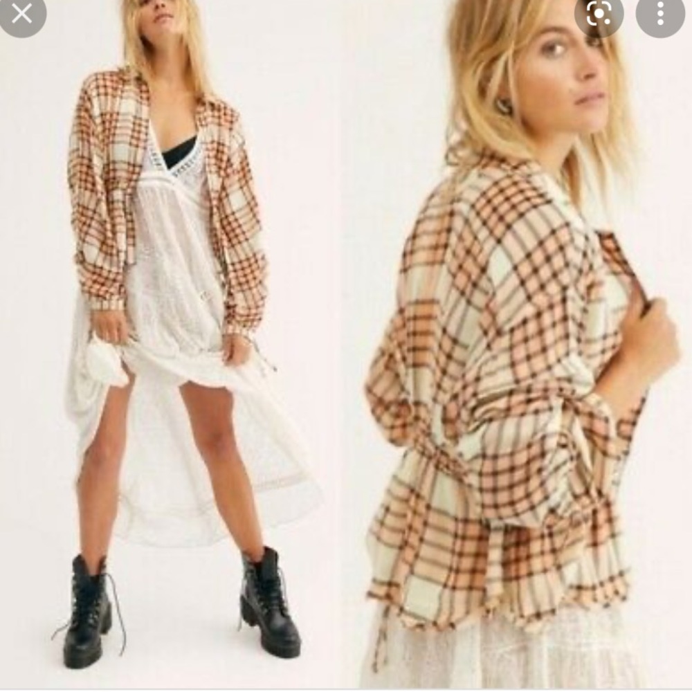 Free People Pacific Dawn Orange Red Drawstring Plaid Shirt